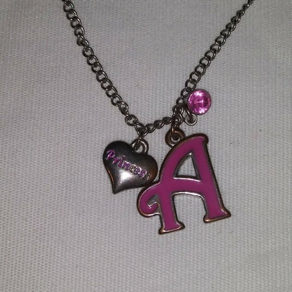 PINK LETTER "A" w/PRINCESS CHARM NECKLACE AND PRINCESS CHARM EARRINGS CA 00691 - Picture 2 of 12